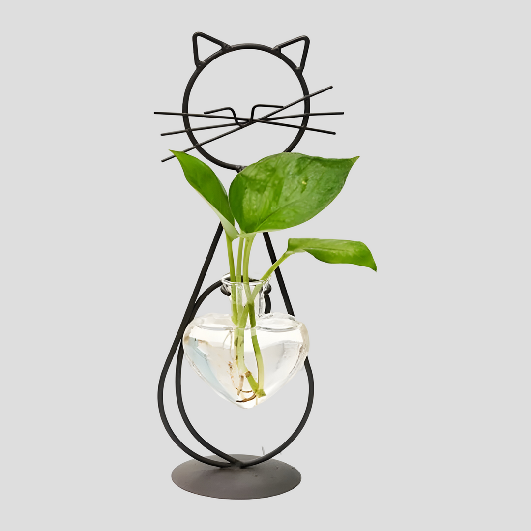AquaPurr Vase - Hydroponisk Glass Hjertevase med Katteformet Holder | Luvikno