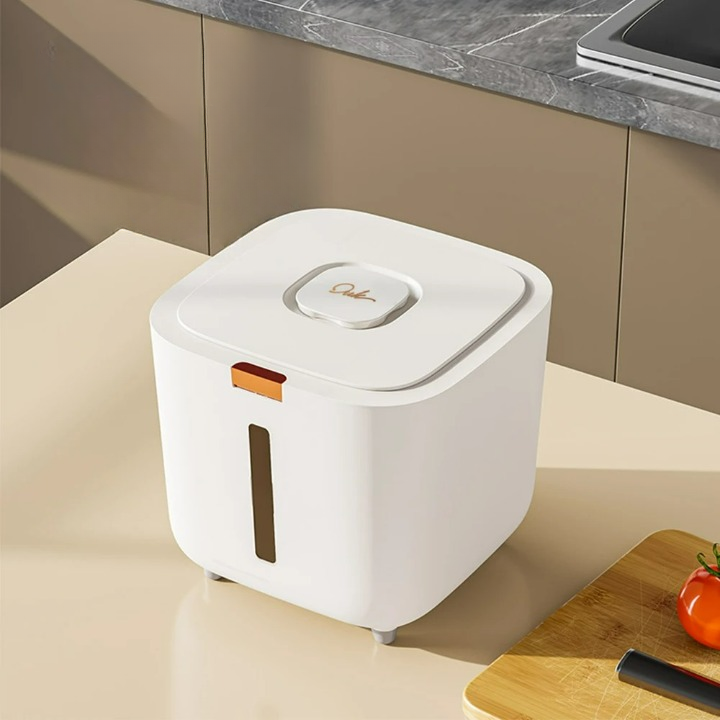 VoorraadKlik – Tettsikker dispenserboks med målebeger for ris og korn (5 eller 10 kg) | Luvikno