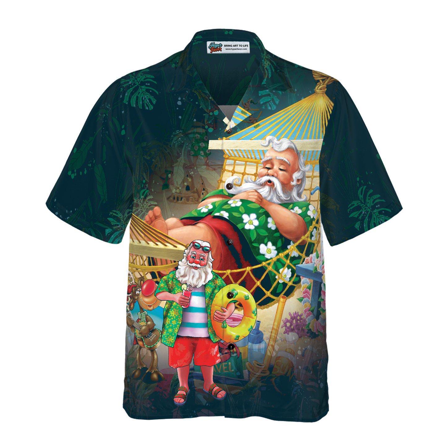 Luvik | Jouluhawaiipaidat Hyperfavor, lyhythihainen joulupukkipaita rannalla, joululahjaidea miehille ja naisille