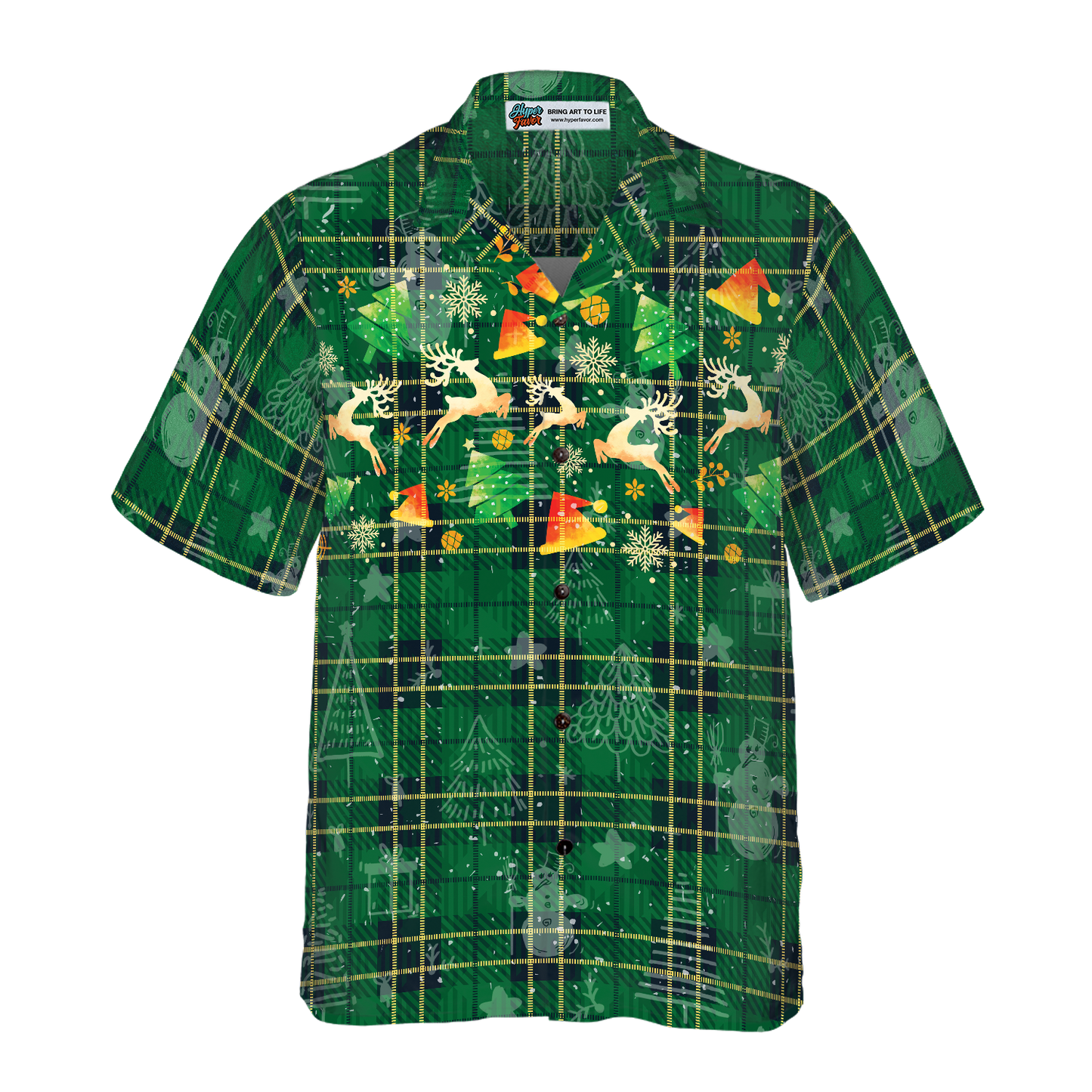 Luvik | Joulun Hyperfavor-havaijipaidat miehille ja naisille, vihreä ruudullinen jouluhavaijipaita, jossa on porokuvio ja lyhyet hihat napituksella
