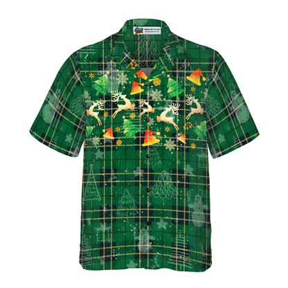 Luvik | Joulun Hyperfavor-havaijipaidat miehille ja naisille, vihreä ruudullinen jouluhavaijipaita, jossa on porokuvio ja lyhyet hihat napituksella