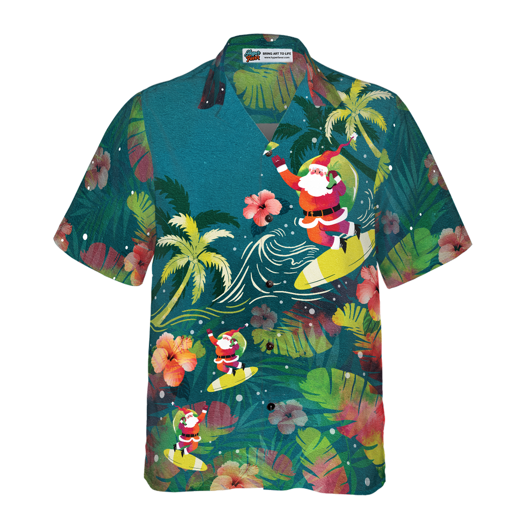 Luvik | Hyperfavor Julemann Hawaii Skjorter for Menn og Kvinner, Julemannen Surfer Hawaii Knappeskjorte Korte Ermer