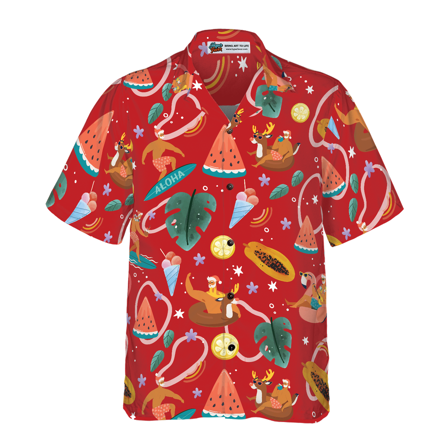 Luvik | Hyperfavor Santa Surfing 3 Kuvio Hawaiian Shirt, Christmas Shirts Short Sleeve Button Up Shirt for Men and Women