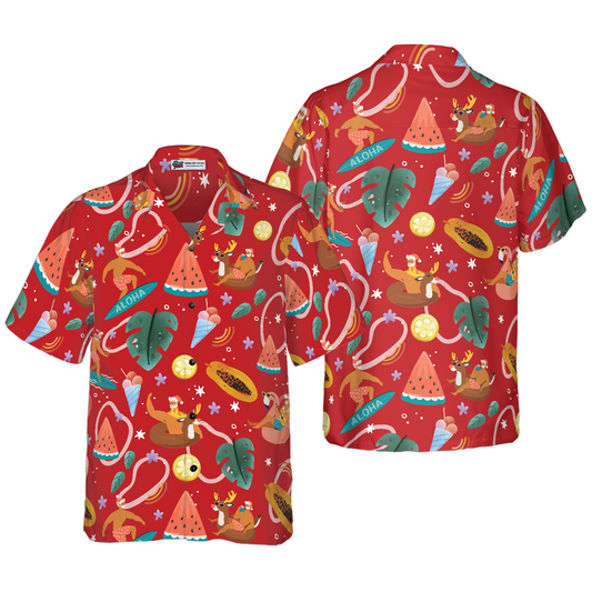 Luvik | Hyperfavor Santa Surfing 3 Kuvio Hawaiian Shirt, Christmas Shirts Short Sleeve Button Up Shirt for Men and Women