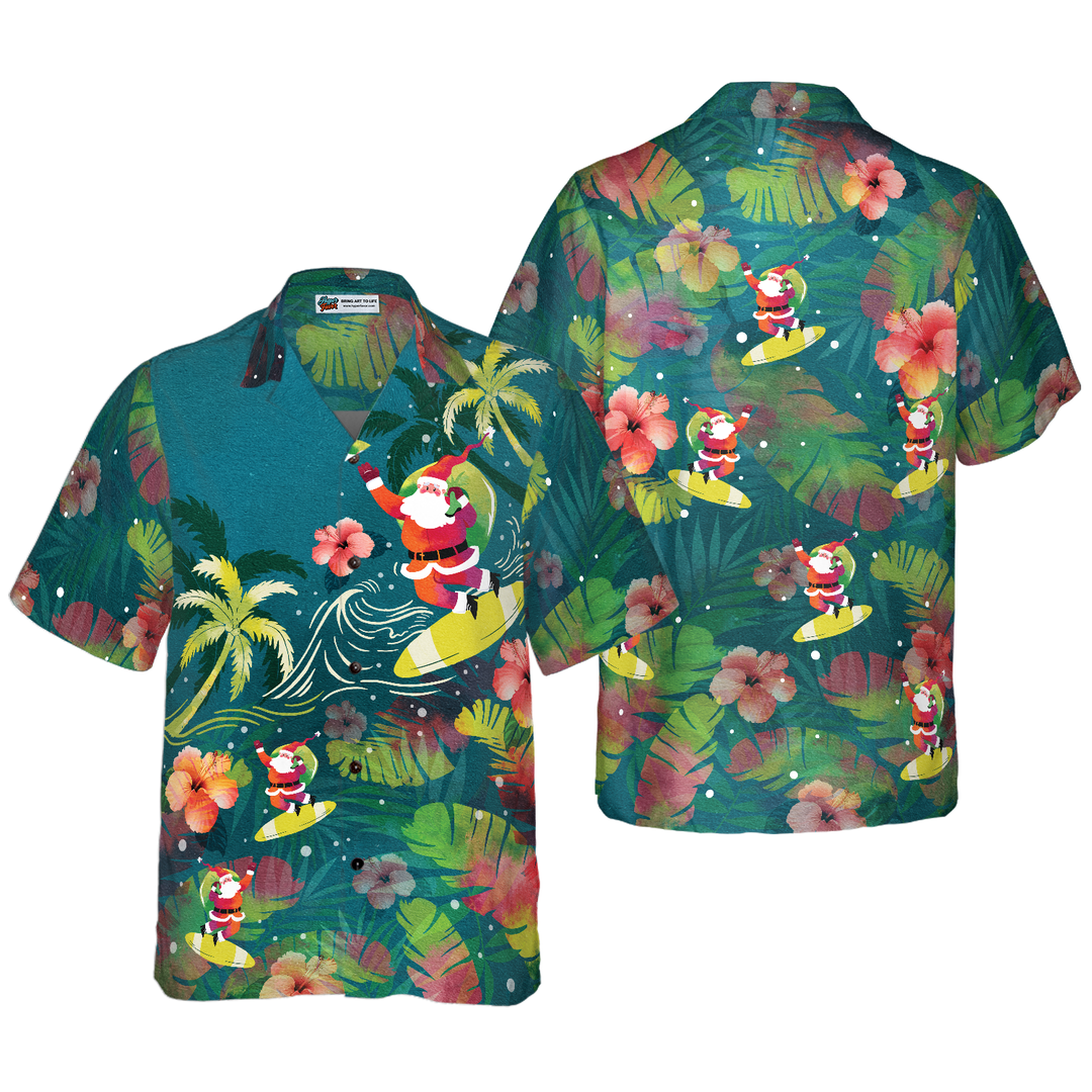 Luvik | Hyperfavor Julemann Hawaii Skjorter for Menn og Kvinner, Julemannen Surfer Hawaii Knappeskjorte Korte Ermer