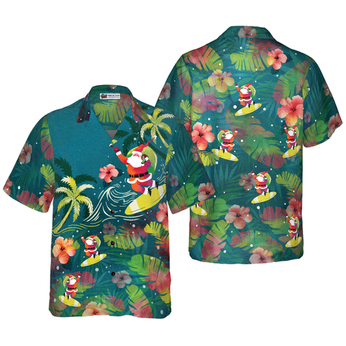 Luvik | Hyperfavor Julemann Hawaii Skjorter for Menn og Kvinner, Julemannen Surfer Hawaii Knappeskjorte Korte Ermer