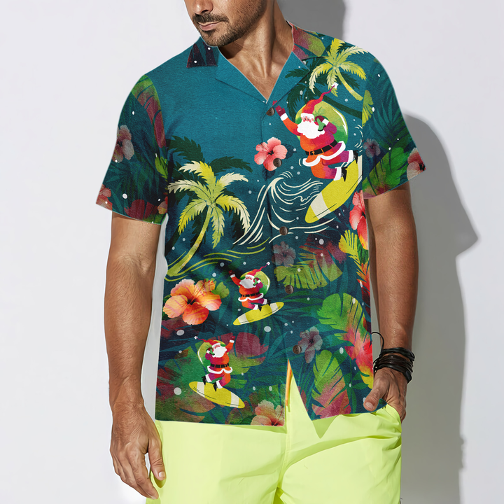 Luvik | Hyperfavor Julemann Hawaii Skjorter for Menn og Kvinner, Julemannen Surfer Hawaii Knappeskjorte Korte Ermer
