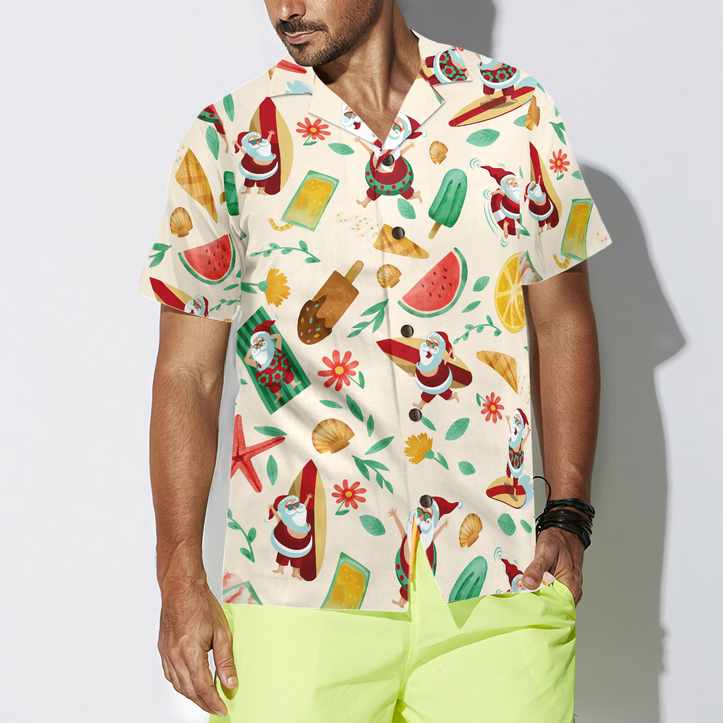Luvik | Hyperfavor Santa Surfing 1 Kuosi Hawaii Paita, Lyhyet Hihat Joulupaita Napillinen Miehille Ja Naisille