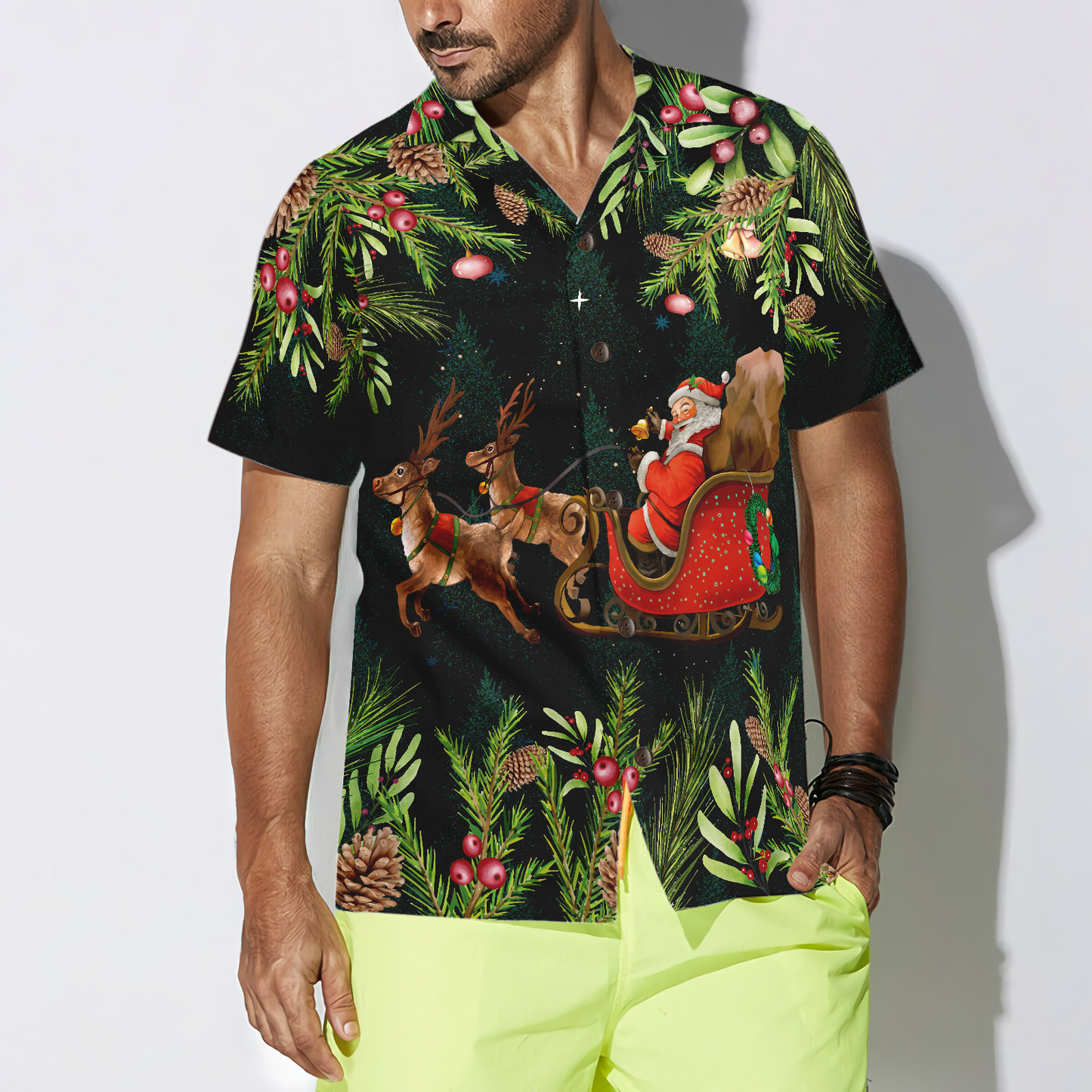 Luvik | Hyperfavor Santa Santa Riding Sleigh 3 Malli Havaiji-paita, joulupaidat lyhythihaisille miesten ja naisten nappipaita