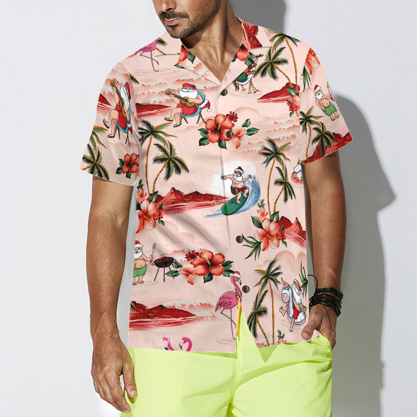 Luvik | Hawaii-shirts Hyperfavor joululahjaksi miehille ja naisille, napillinen Hawaii-paita, jossa on jouluteemainen Santa-ranta-kuvio, lyhythihainen