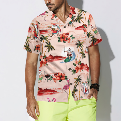 Luvik | Hawaii-shirts Hyperfavor joululahjaksi miehille ja naisille, napillinen Hawaii-paita, jossa on jouluteemainen Santa-ranta-kuvio, lyhythihainen