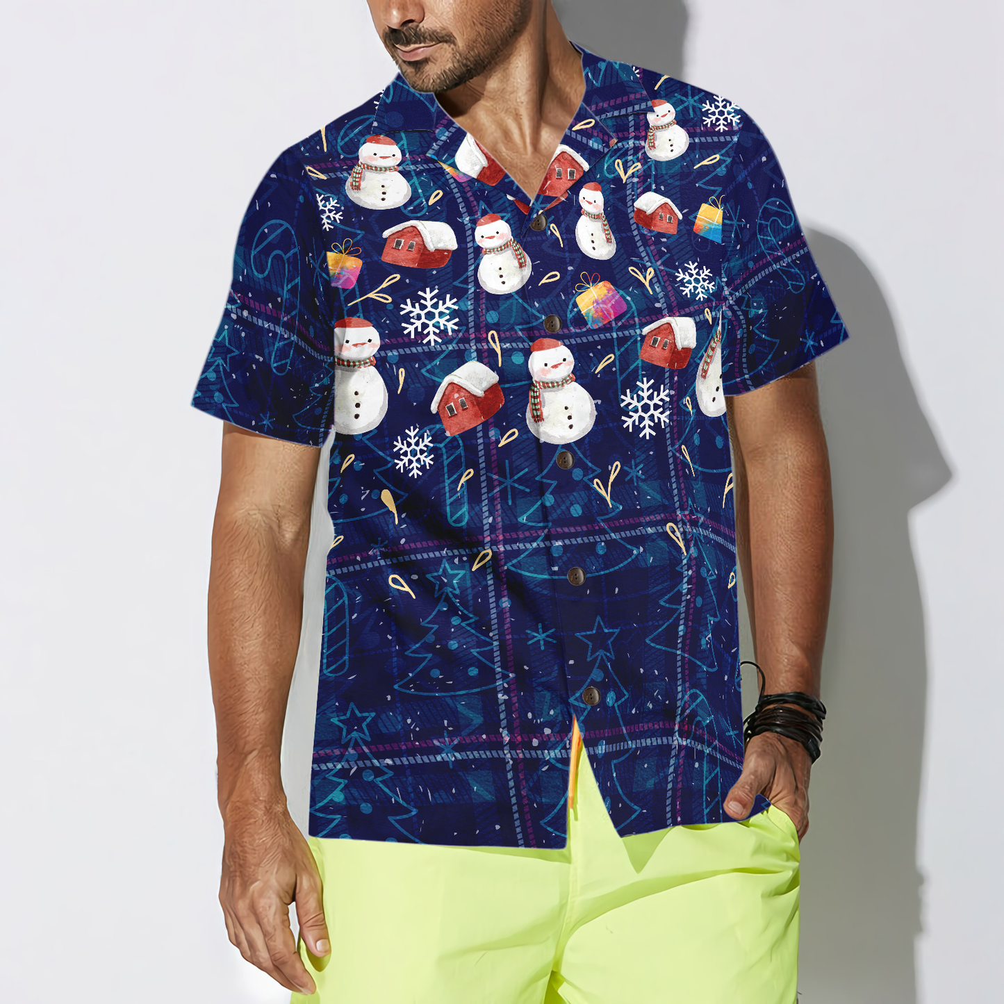 Luvik | Hyperfavor Jouluhawaiipaidat, tummansininen ruutupaita, jossa on lumiukkoja ja lyhyet hihat, joulupaitojen lahjaidea miehille ja naisille