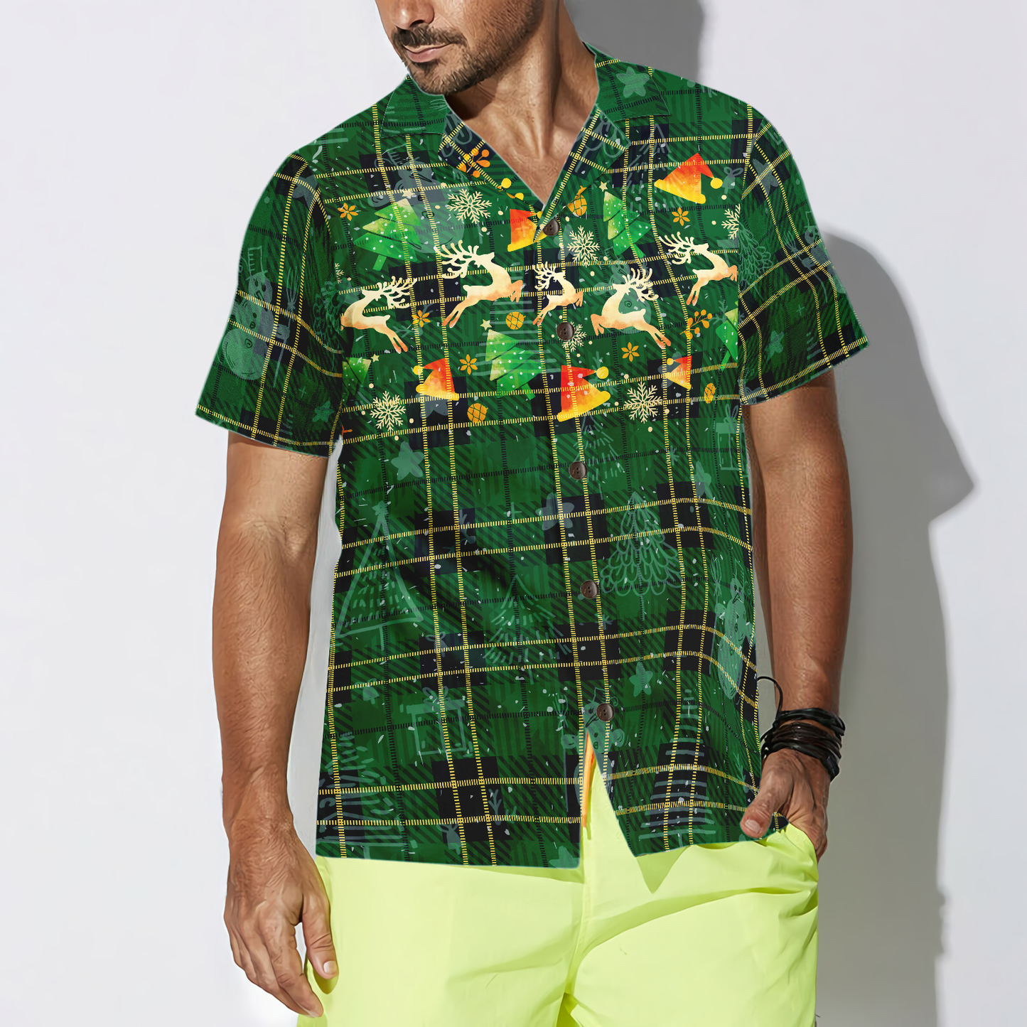 Luvik | Joulun Hyperfavor-havaijipaidat miehille ja naisille, vihreä ruudullinen jouluhavaijipaita, jossa on porokuvio ja lyhyet hihat napituksella