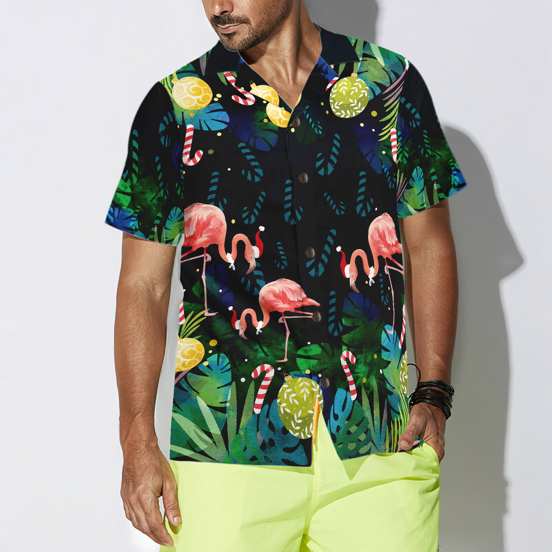 Luvik | Hawaiiskjorter Hyperfavor til jul for menn og kvinner, tropisk julemoke flamingo kortermet Hawaiiskjorte med knapper