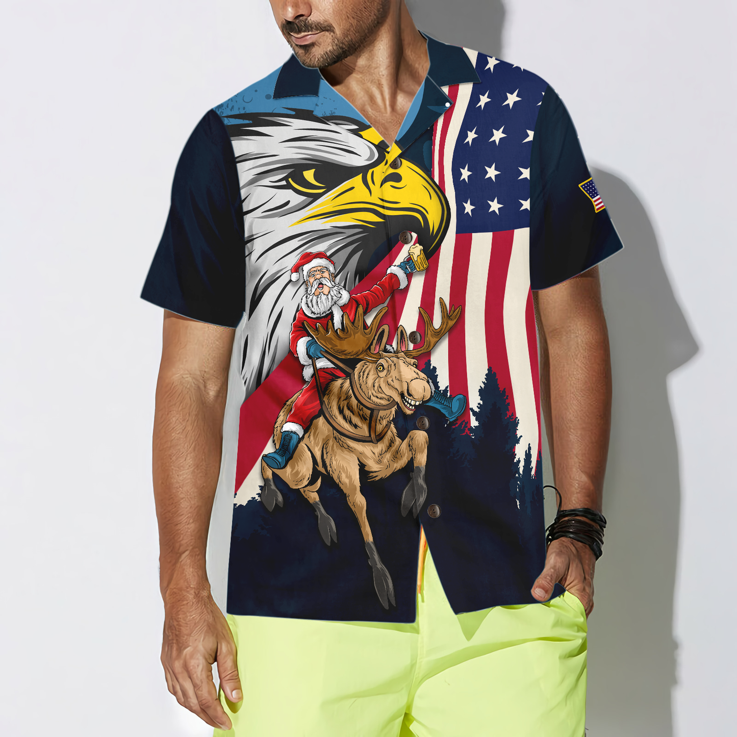 Luvik | Joulun hyperfavor-havaijipaidat, Santa amerikkalaisella lipulla 2 Lyhythihainen paita, joulupaidan lahjaidea miehille ja naisille