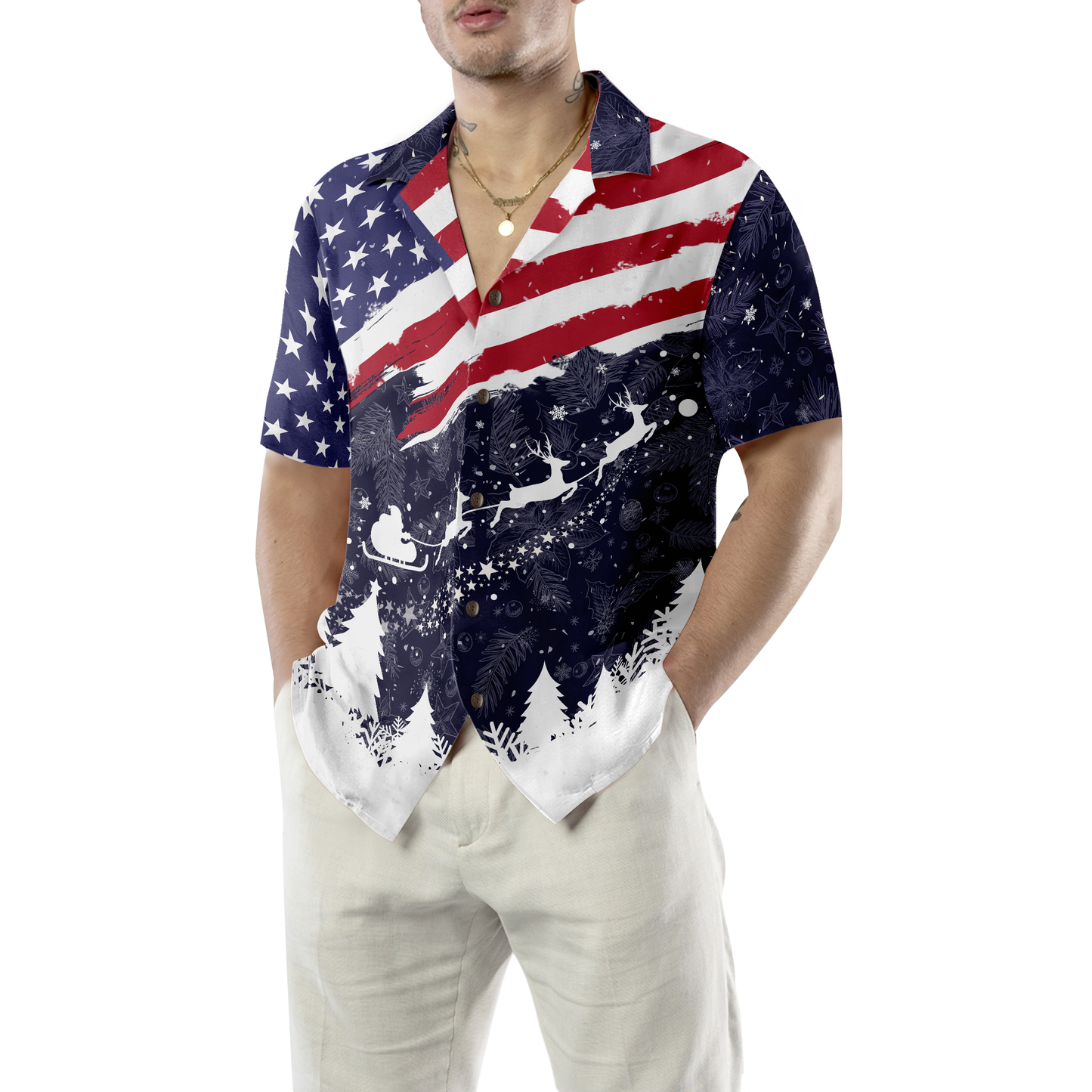Luvik | Jouluhawaiipaidat Hyperfavor, lyhythihainen USA-lippukuosisella T-paidalla, joulupaitana idea lahjaksi miehille ja naisille