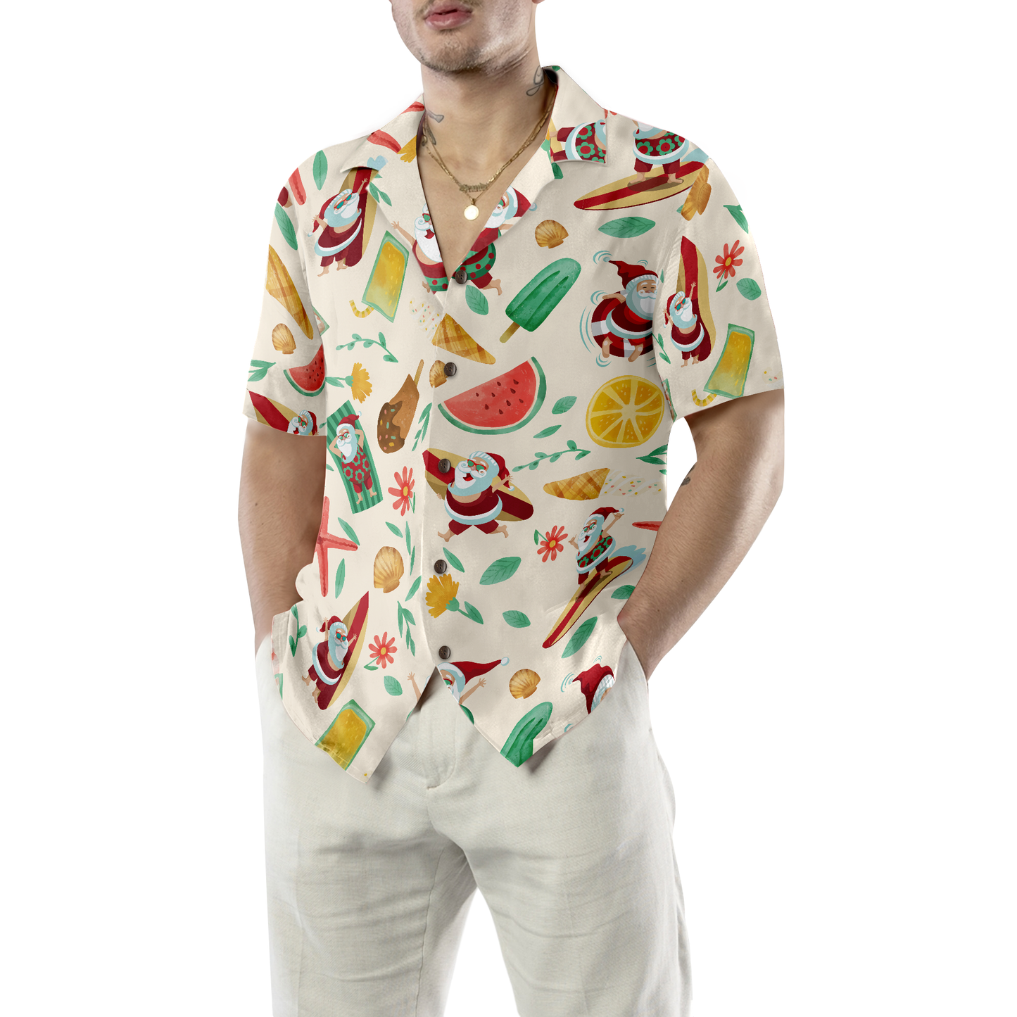 Luvik | Hyperfavor Santa Surfing 1 Kuosi Hawaii Paita, Lyhyet Hihat Joulupaita Napillinen Miehille Ja Naisille