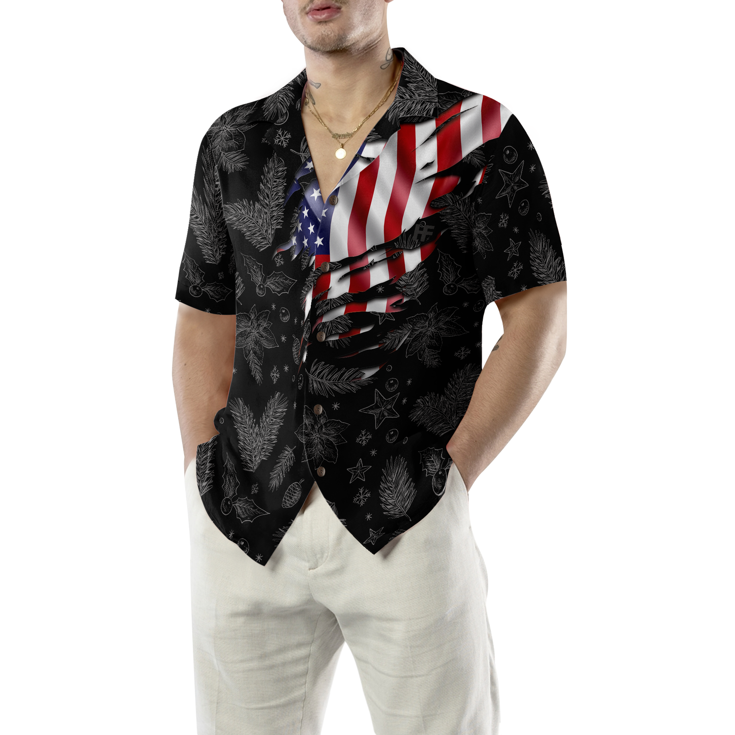 Luvik | Hyperfavor Jouluhawaiipaidat, Lyhytnähtävä Yhdysvaltain lippumalli joulupaita, Joulupaitojen lahjaidea miehille ja naisille