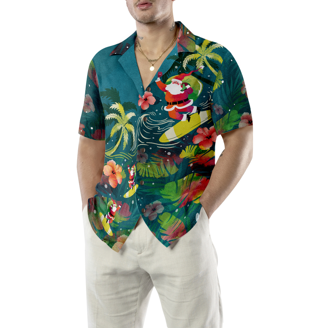 Luvik | Hyperfavor Julemann Hawaii Skjorter for Menn og Kvinner, Julemannen Surfer Hawaii Knappeskjorte Korte Ermer