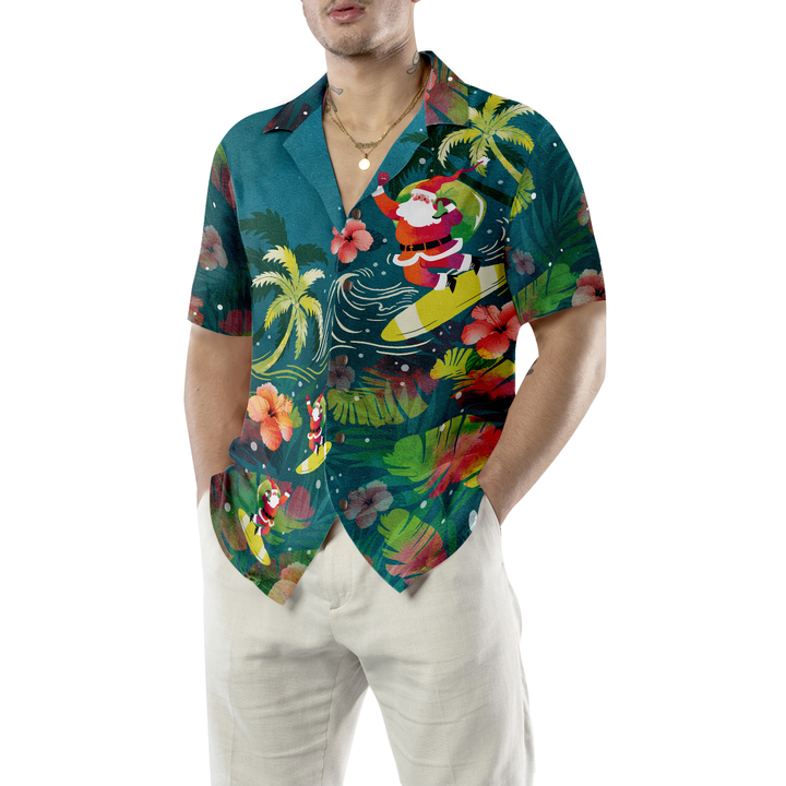 Luvik | Hyperfavor Julemann Hawaii Skjorter for Menn og Kvinner, Julemannen Surfer Hawaii Knappeskjorte Korte Ermer