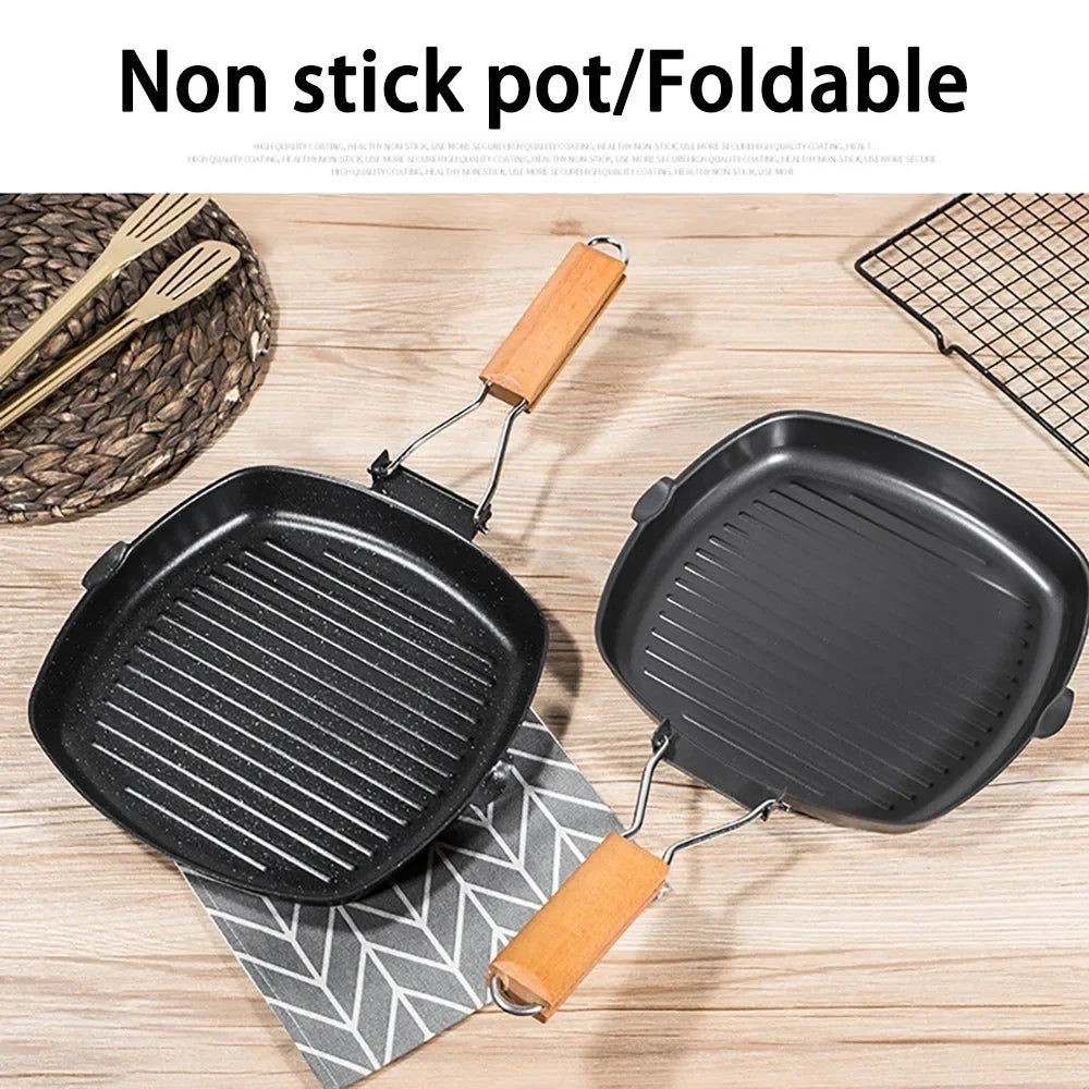 Non-stick støpejern grillpanne sammenleggbar stekepanne med trehåndtak | Luvikno