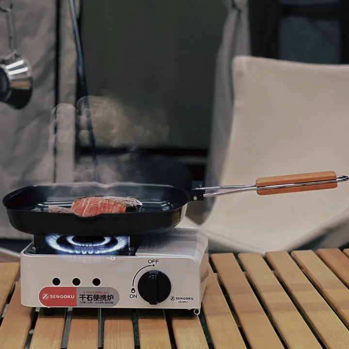 Non-stick støpejern grillpanne sammenleggbar stekepanne med trefork | Luvikno