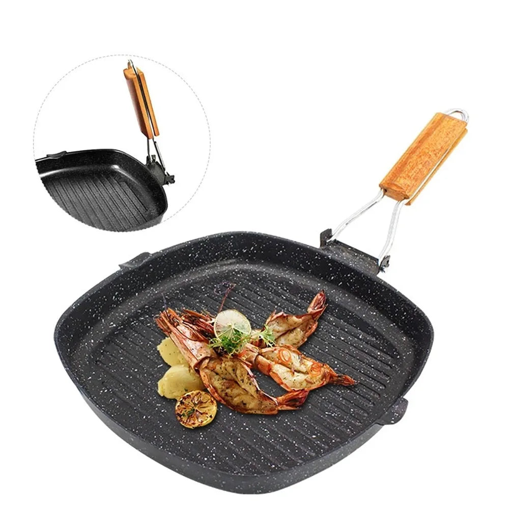 Non-stick støpejern grillpanne sammenleggbar stekepanne med trefork | Luvikno