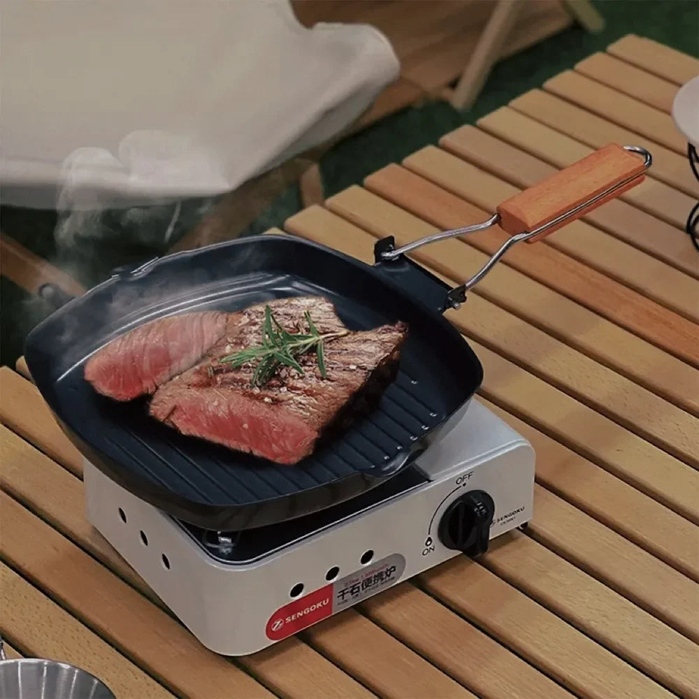 Non-stick støpejern grillpanne sammenleggbar stekepanne med trehåndtak | Luvikno