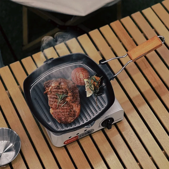 Non-stick støpejern grillpanne sammenleggbar stekepanne med trehåndtak | Luvikno