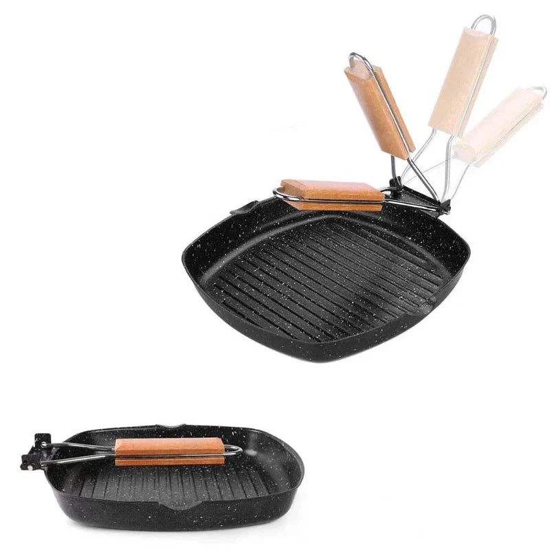 Non-stick støpejern grillpanne sammenleggbar stekepanne med trehåndtak | Luvikno