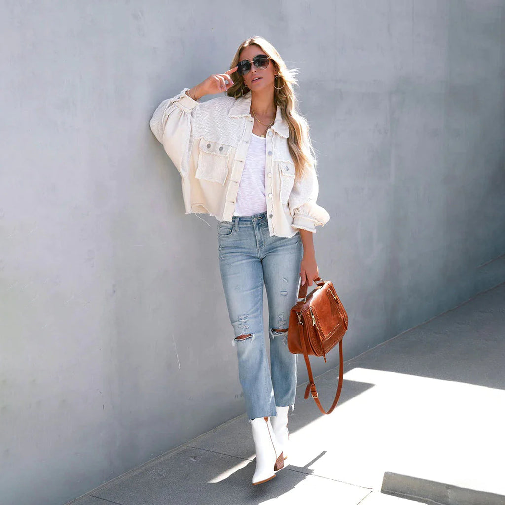 Luvik | Veste bicolore élégante avec manches bouffantes et ourlet à franges