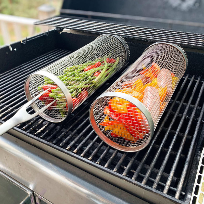 Luvikno | Rustfritt Stål Rullende BBQ Grillkurv – Roterende Design for Perfekt Grillet Mat