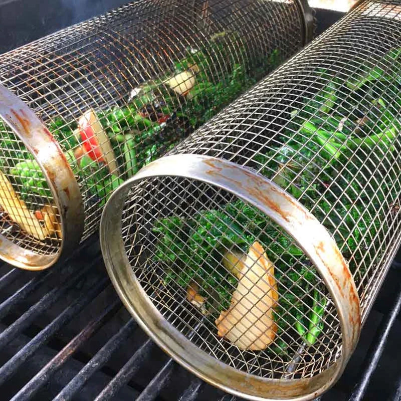 Luvikno | Rustfritt Stål Rullende BBQ Grillkurv – Roterende Design for Perfekt Grillet Mat