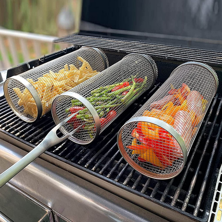 Luvikno | Rustfritt Stål Rullende BBQ Grillkurv – Roterende Design for Perfekt Grillet Mat