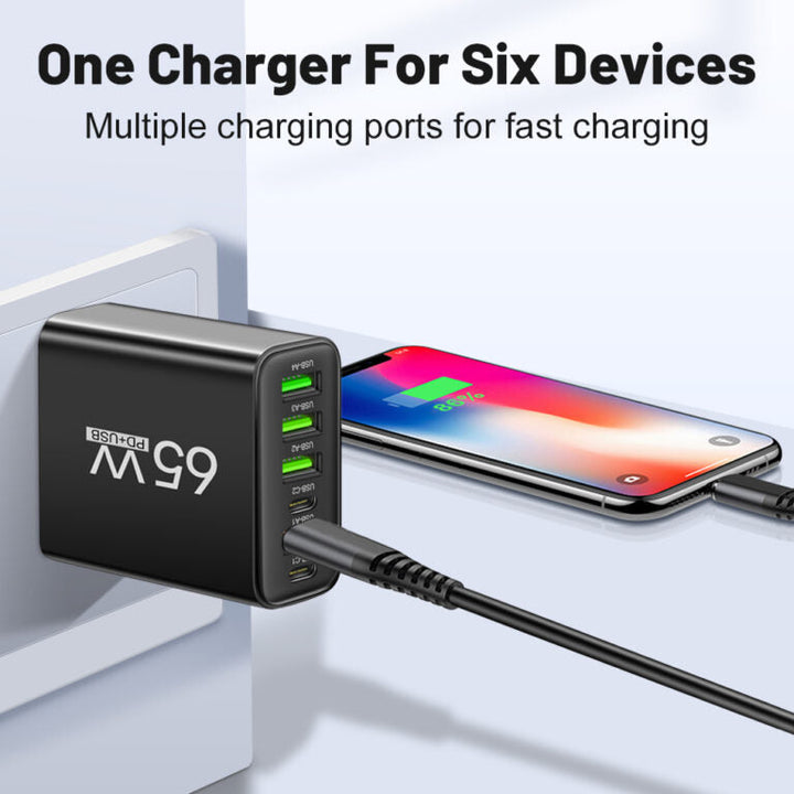 Luvikno | PowerMax 65W 6-i-1 Hurtiglader – Lader opptil 6 enheter samtidig – Ideell for hjem, kontor og reise