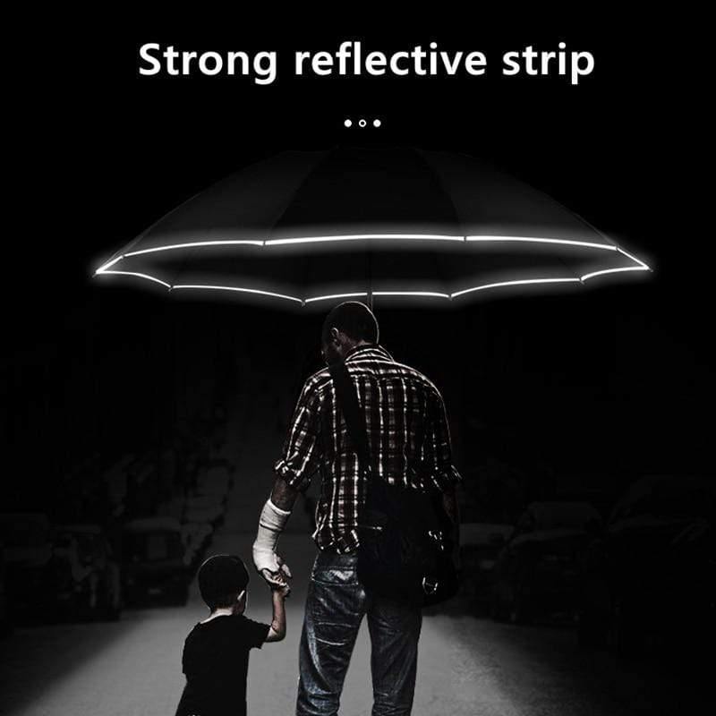 Luvikno | Automatisk reversibel LED-lys paraply med refleksbånd, trefoldig sammenleggbart, invertert, 10 ribber, vindtett paraplyer for reise