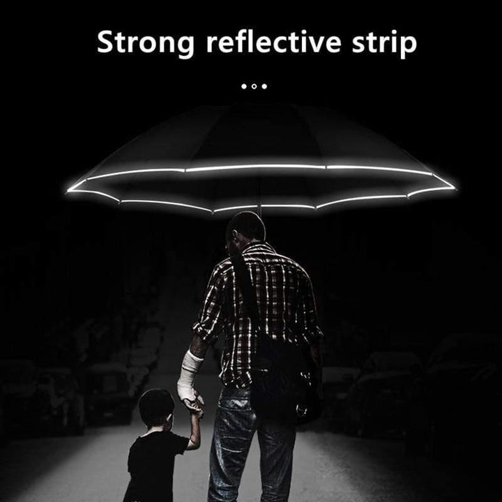 Luvikno | Automatisk reversibel LED-lys paraply med refleksbånd, trefoldig sammenleggbart, invertert, 10 ribber, vindtett paraplyer for reise