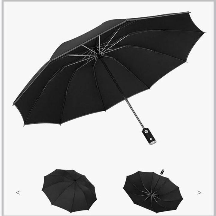 Luvikno | Automatisk reversibel LED-lys paraply med refleksbånd, trefoldig sammenleggbart, invertert, 10 ribber, vindtett paraplyer for reise