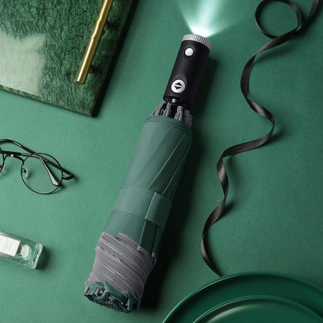 Luvikno | Automatisk reversibel LED-lys paraply med refleksbånd, trefoldig sammenleggbart, invertert, 10 ribber, vindtett paraplyer for reise