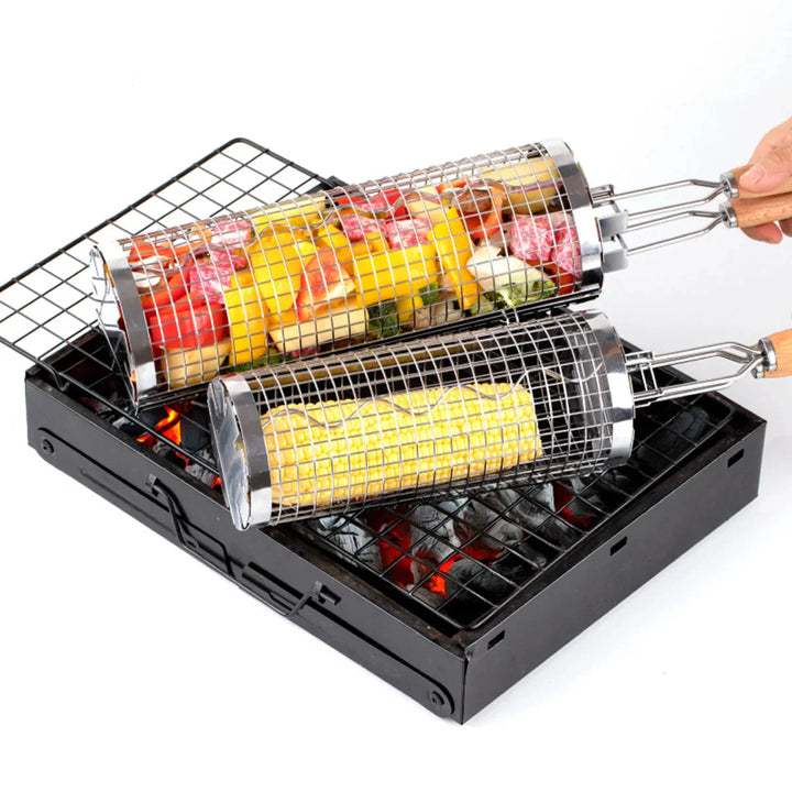 Bærbar rustfritt stål rullende grilling kurv BBQ grilltilbehør | Luvikno