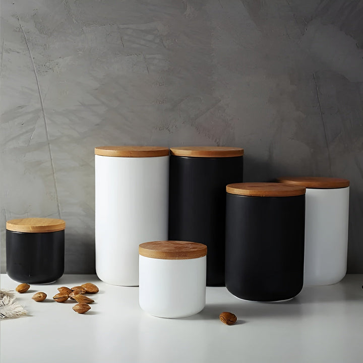 Keramisk oppbevaringsbeholder med bamb lokk – Naturlig design | Frisk oppbevaring for hjemmet | Luvikno
