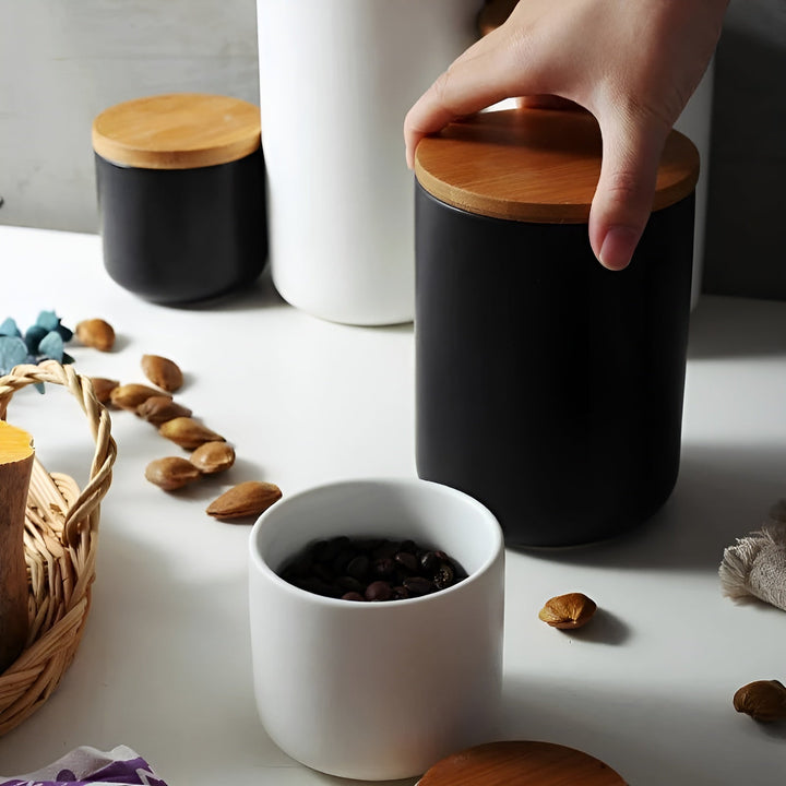 Keramisk oppbevaringsbeholder med bamb lokk – Naturlig design | Frisk oppbevaring for hjemmet | Luvikno