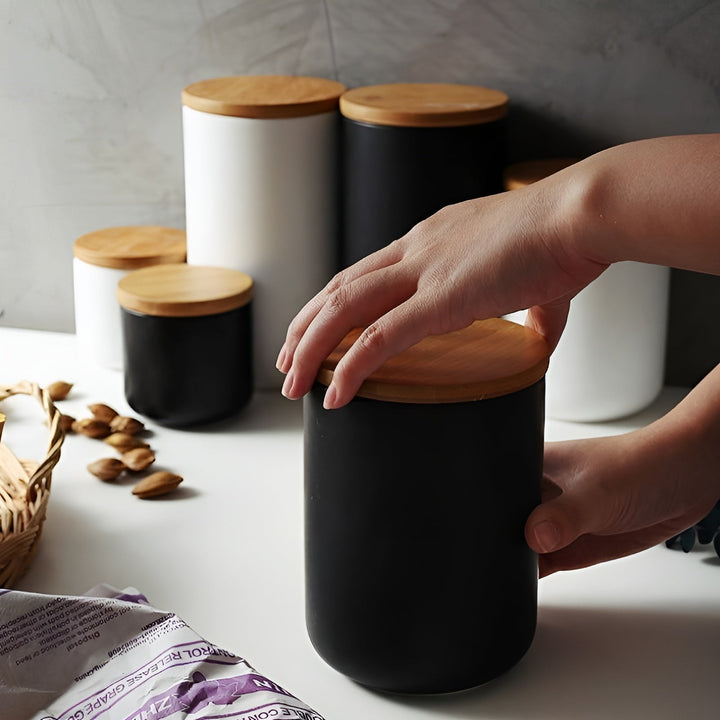 Keramisk oppbevaringsbeholder med bamb lokk – Naturlig design | Frisk oppbevaring for hjemmet | Luvikno