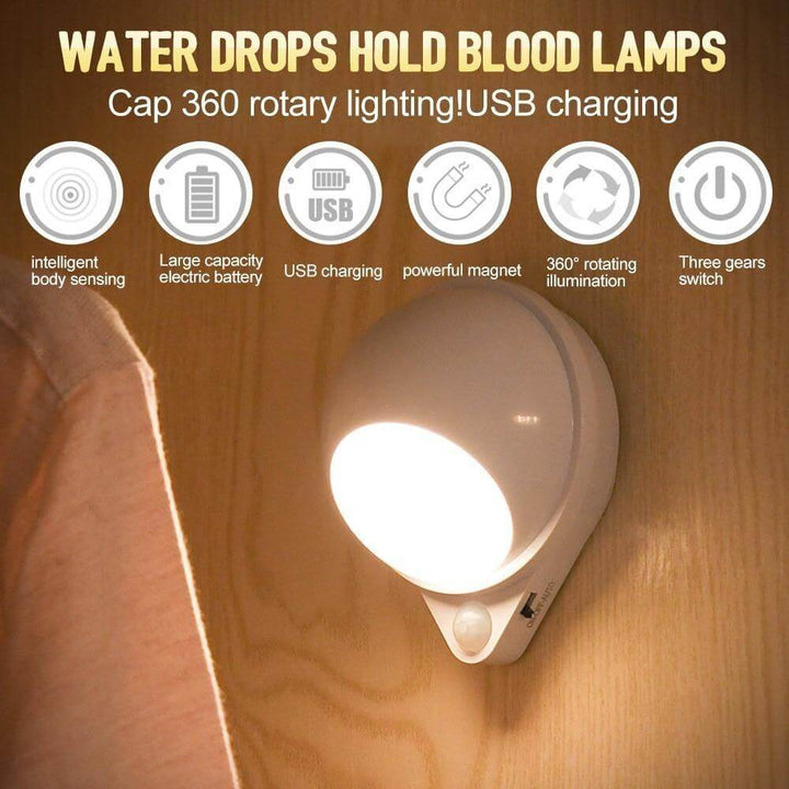 360 Grad Roterende Vanndråpe Kroppssensor Oppladbar Lampe | Luvikno
