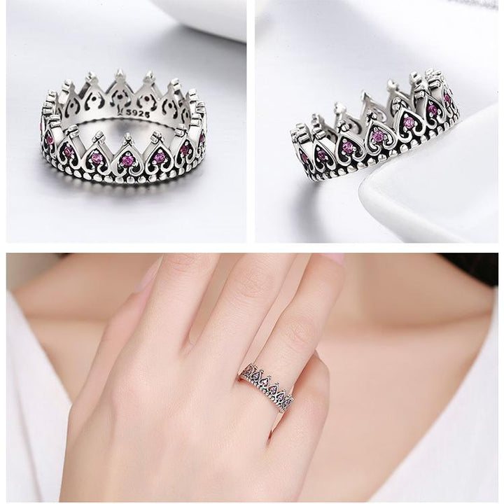 Sterling Silver Pink Crown Heart Ring | Luvikno