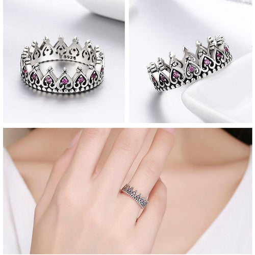 Sterling Silver Pink Crown Heart Ring | Luvikno