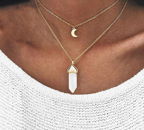 Multi Layered Moon & Crystal Drop Pendant Necklace | Luvikno