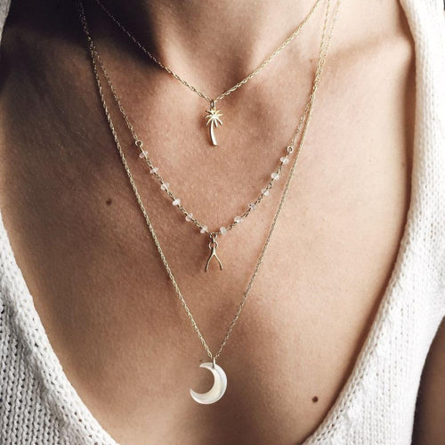 Multi Lagd Boho Kokosnøtt Tre, Ønskeben, Måne Anheng Halskjede | Luvikno