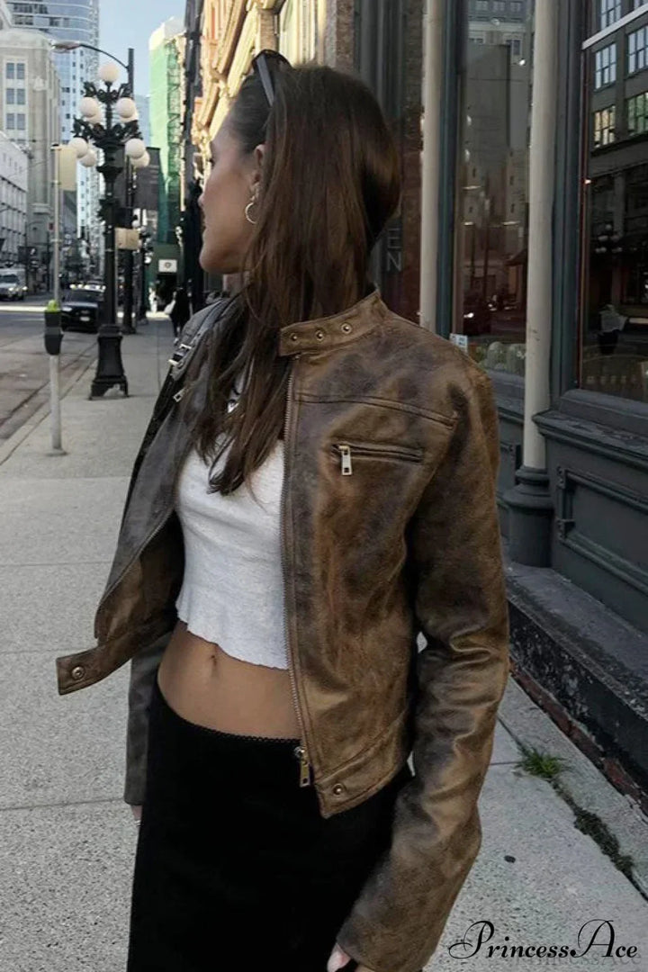 Luvik | Worn Coffee Kort Ståkrage PU Jakke