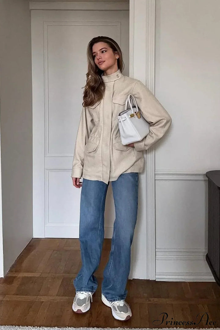 Luvik | Enfarget Krage Elastisk Midje Langermet Trench-coat